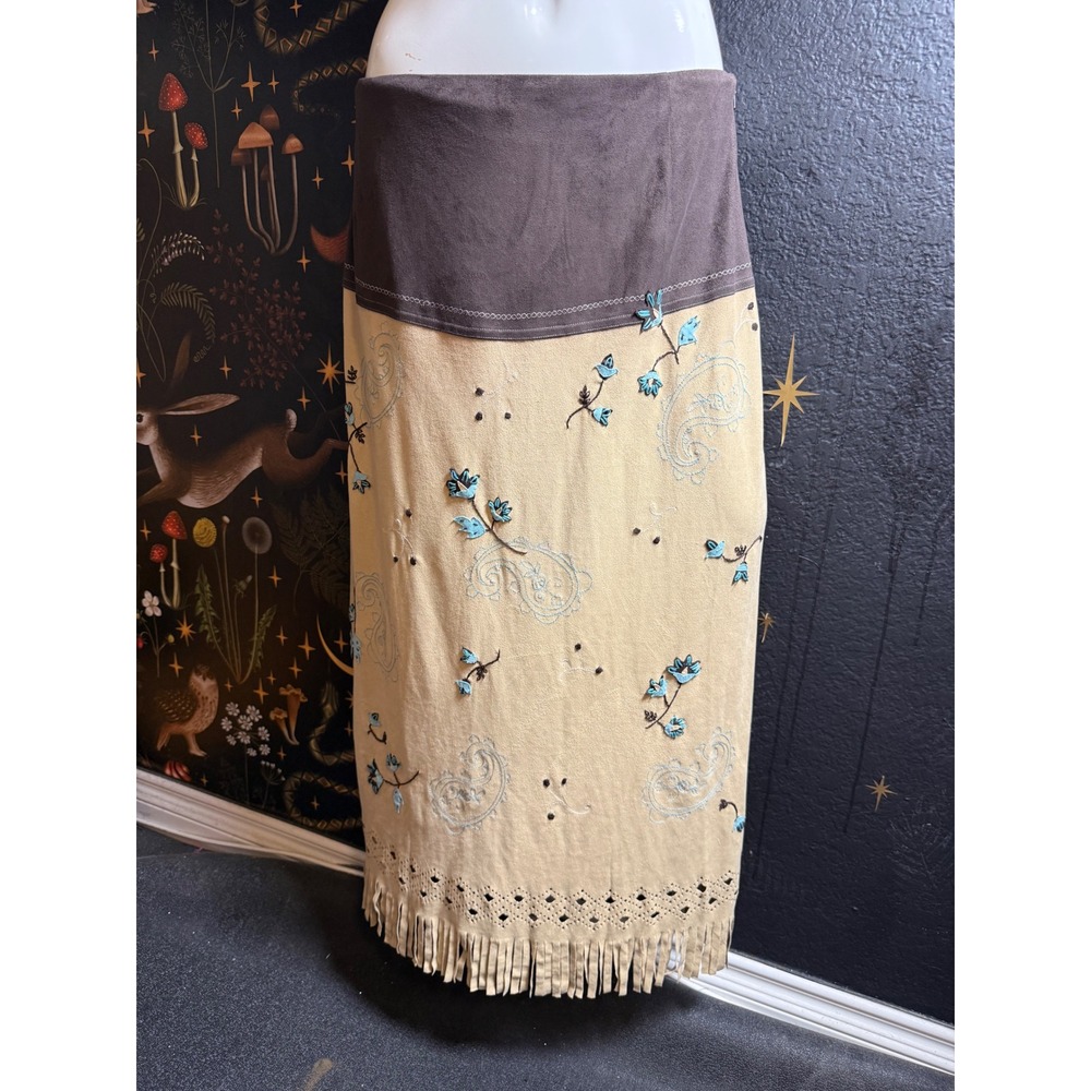 Telluride Clothing Faux Suede Maxi Skirt Brown Tan Embroidered Fringe Boho Large